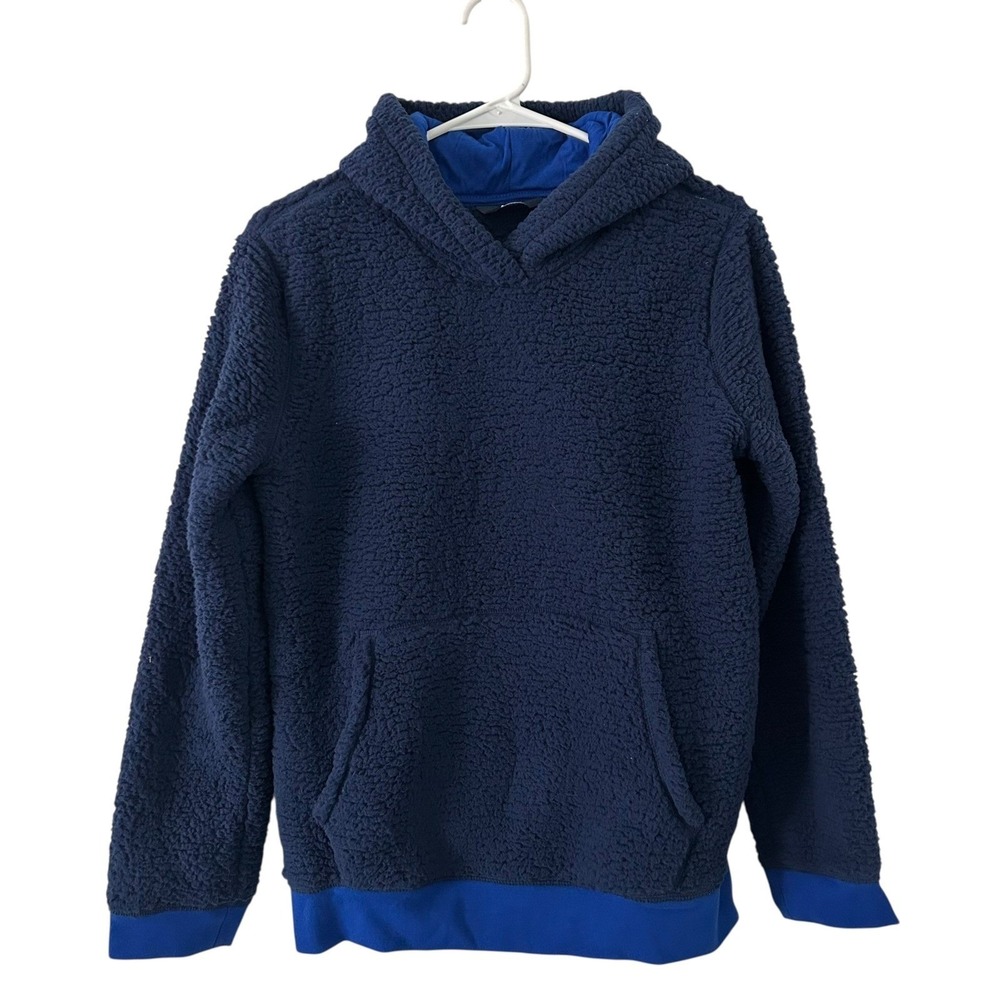 Lands' End Kids Boys Sherpa Flannel Pullover Hoodie Navy S Small 6 7 New